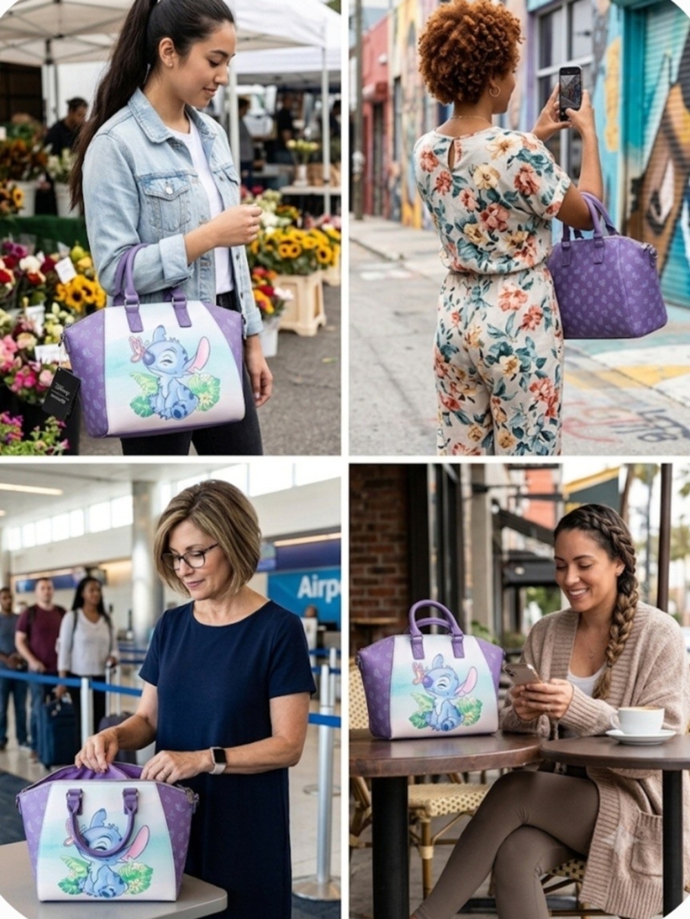 Disney Purple Stitch Floral Print Tote Bag with Pastel Front Art